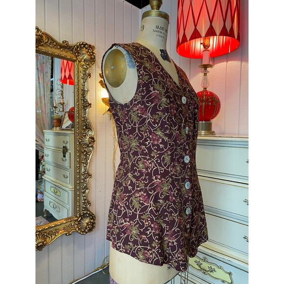 vintage 1990s burgundy vest floral scrolls s/m 90s fashion sleeveless tunic y2k - Picture 3 of 7